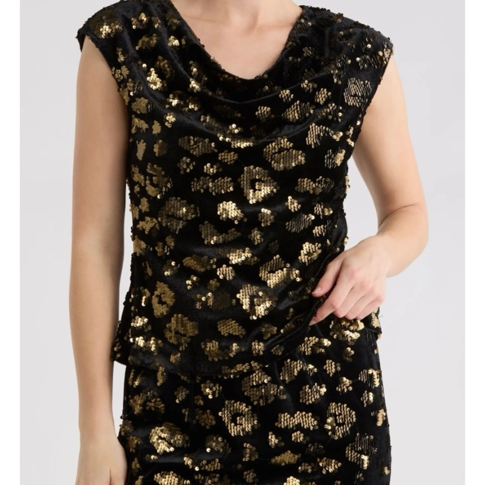 Tahari Woman Black Velvet Top with Gold Sequin Leopard Print